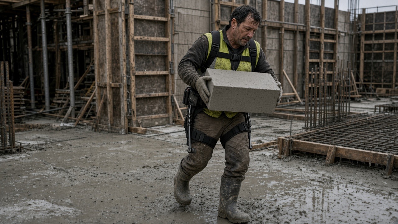 Opérateur équipé d'un exosquelette d'assistance à la manutention portant un parpaing sur une dalle béton humide d'un chantier de gros œuvre